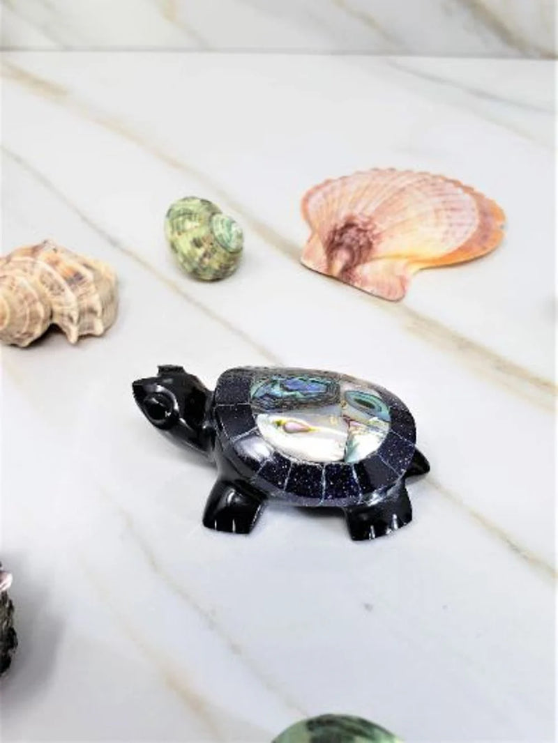 Baby Obsidian Turtle Amulet Purple Embedded Abalone Shells